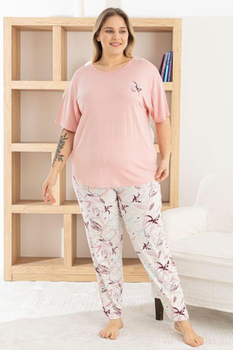 PİJAMONİ - Pijamoni Kadın Pijama Takımı Kısa Kollu Bisiklet Yaka Çiçek Desenli Ring Viskon - Pudra