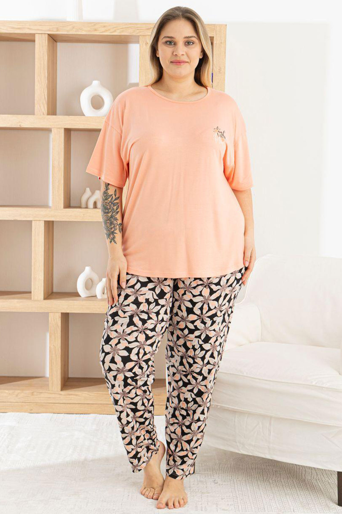 Pijamoni Kadın Pijama Takımı Kısa Kollu Bisiklet Yaka Çiçek Desenli Ring Viskon - Somon - Thumbnail
