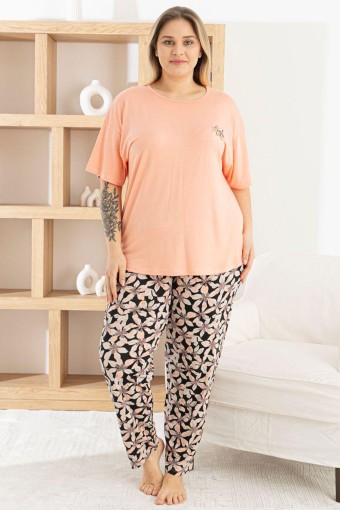 PİJAMONİ - Pijamoni Kadın Pijama Takımı Kısa Kollu Bisiklet Yaka Çiçek Desenli Ring Viskon - Somon
