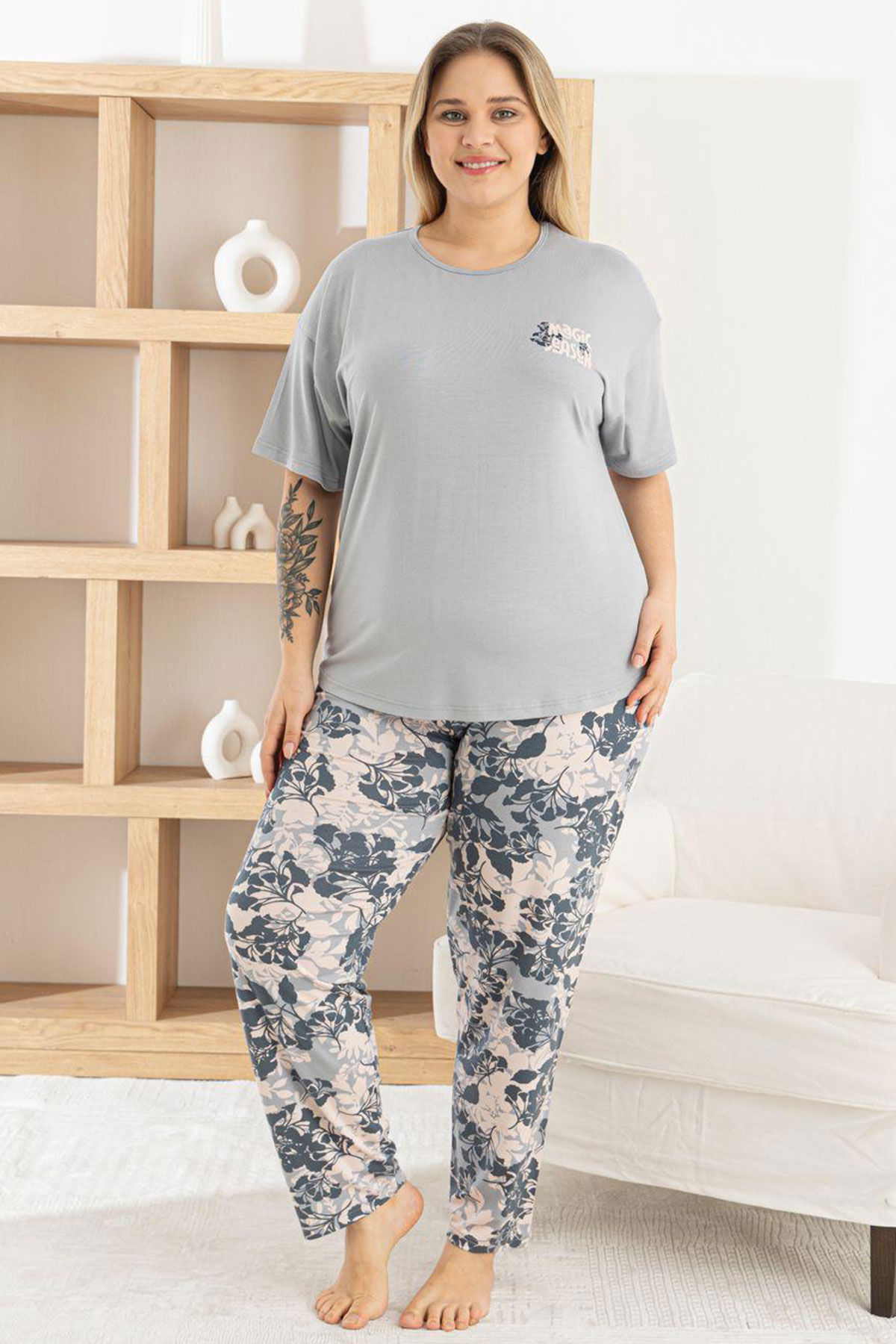 Pijamoni Kadın Pijama Takımı Kısa Kollu Bisiklet Yaka Desenli Ring Viskon - Gri - Thumbnail