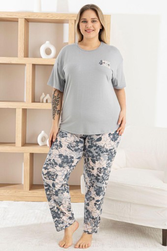 PİJAMONİ - Pijamoni Kadın Pijama Takımı Kısa Kollu Bisiklet Yaka Desenli Ring Viskon - Gri