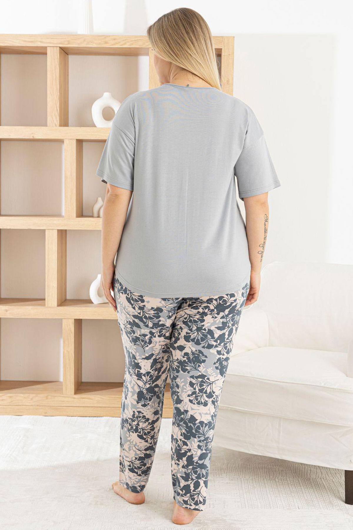 Pijamoni Kadın Pijama Takımı Kısa Kollu Bisiklet Yaka Desenli Ring Viskon - Gri - Thumbnail