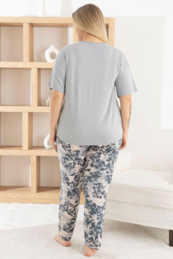 PİJAMONİ - Pijamoni Kadın Pijama Takımı Kısa Kollu Bisiklet Yaka Desenli Ring Viskon - Gri (1)