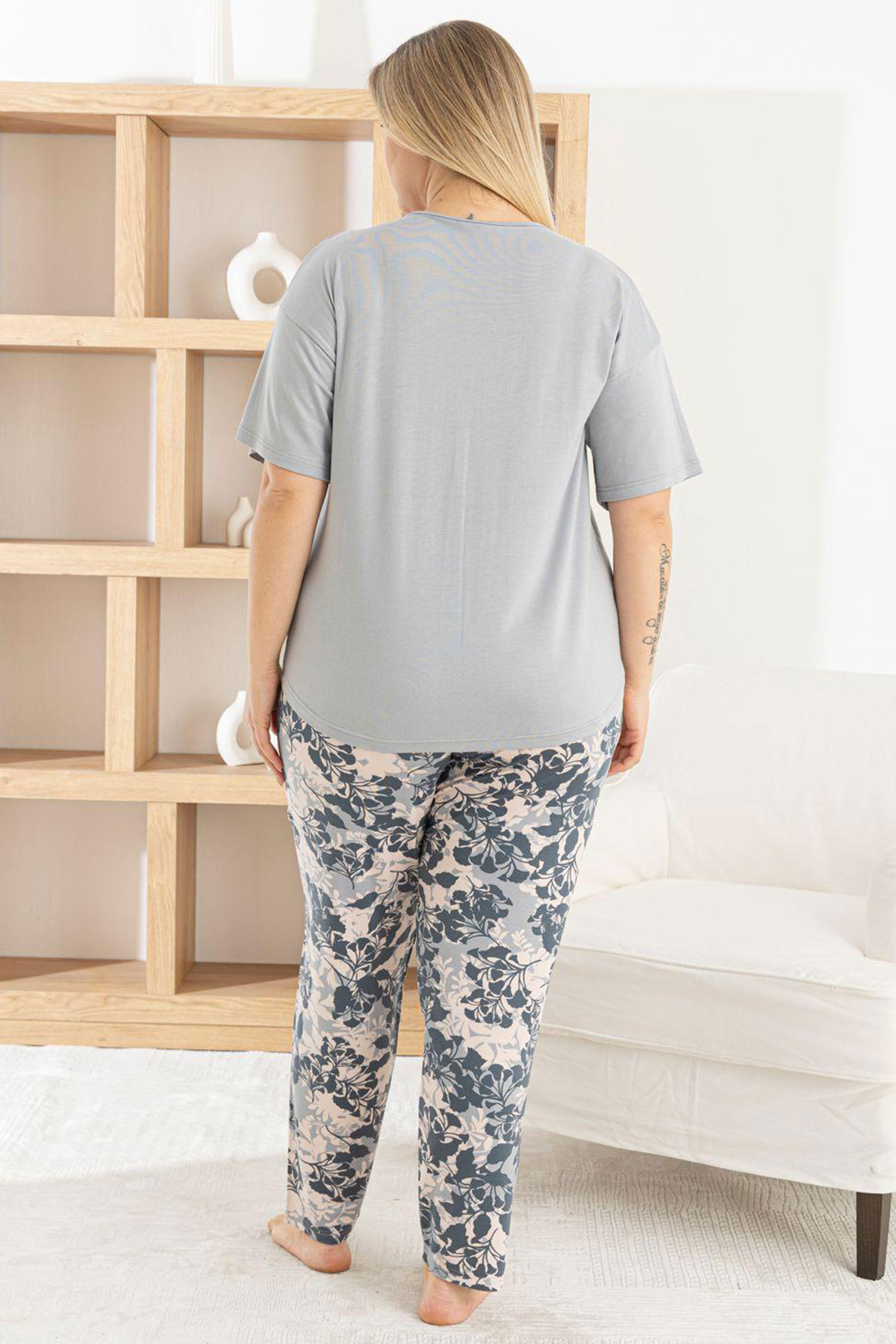 Pijamoni Kadın Pijama Takımı Kısa Kollu Bisiklet Yaka Desenli Ring Viskon - Gri - Thumbnail