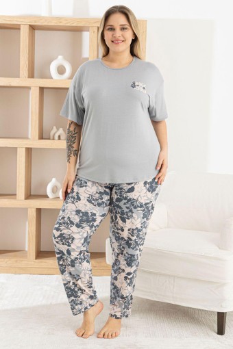 PİJAMONİ - Pijamoni Kadın Pijama Takımı Kısa Kollu Bisiklet Yaka Desenli Ring Viskon - Gri