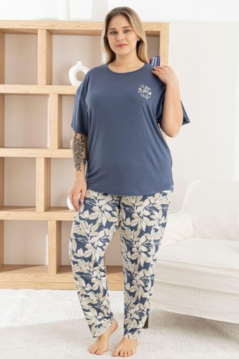PİJAMONİ - Pijamoni Kadın Pijama Takımı Kısa Kollu Bisiklet Yaka Desenli Ring Viskon - İndigo