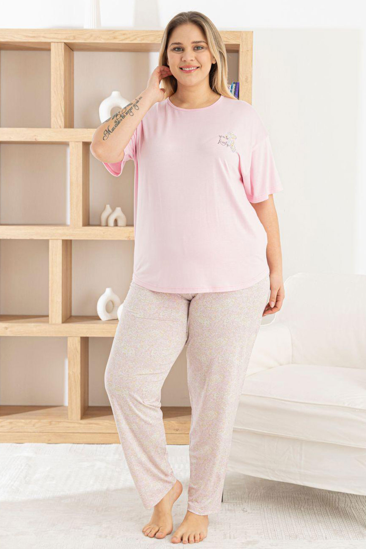 Pijamoni Kadın Pijama Takımı Kısa Kollu Bisiklet Yaka Desenli Ring Viskon - Pembe - Thumbnail