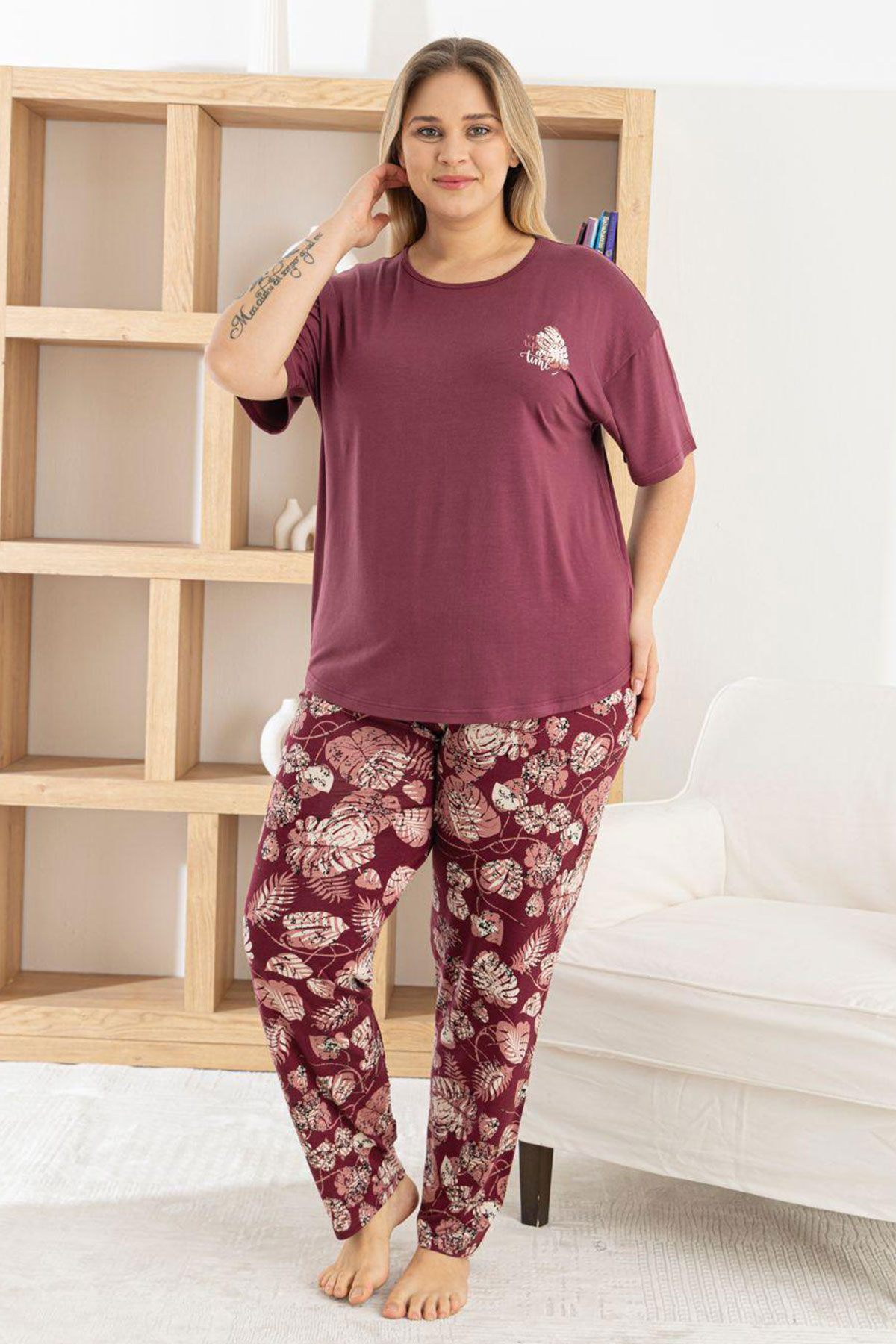 Pijamoni Kadın Pijama Takımı Kısa Kollu Bisiklet Yaka Yaprak Desenli Ring Viskon - Mürdüm - Thumbnail