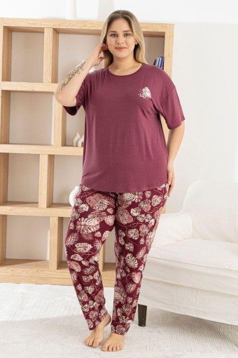 PİJAMONİ - Pijamoni Kadın Pijama Takımı Kısa Kollu Bisiklet Yaka Yaprak Desenli Ring Viskon - Mürdüm
