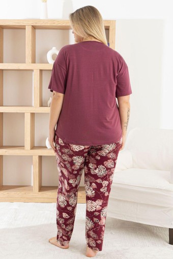 PİJAMONİ - Pijamoni Kadın Pijama Takımı Kısa Kollu Bisiklet Yaka Yaprak Desenli Ring Viskon - Mürdüm (1)