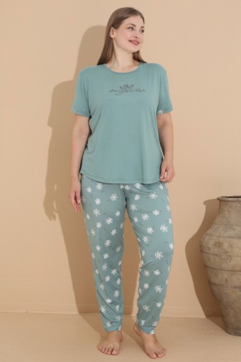 PİJAMONİ - Pijamoni Kadın Pijama Takımı Kısa Kollu Büyük Beden Çiçek Desenli - Çağla Yeşili