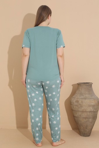 PİJAMONİ - Pijamoni Kadın Pijama Takımı Kısa Kollu Büyük Beden Çiçek Desenli - Çağla Yeşili (1)
