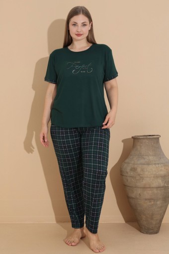 PİJAMONİ - Pijamoni Kadın Pijama Takımı Kısa Kollu Büyük Beden Ekose Desenli - Koyu Yeşil
