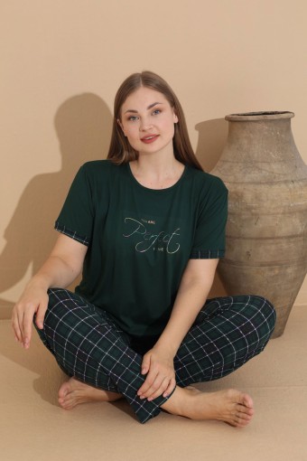 PİJAMONİ - Pijamoni Kadın Pijama Takımı Kısa Kollu Büyük Beden Ekose Desenli - Koyu Yeşil (1)