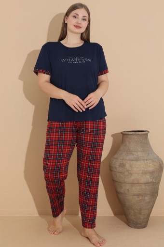 PİJAMONİ - Pijamoni Kadın Pijama Takımı Kısa Kollu Büyük Beden Ekose Desenli - Lacivert