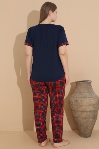 PİJAMONİ - Pijamoni Kadın Pijama Takımı Kısa Kollu Büyük Beden Ekose Desenli - Lacivert (1)