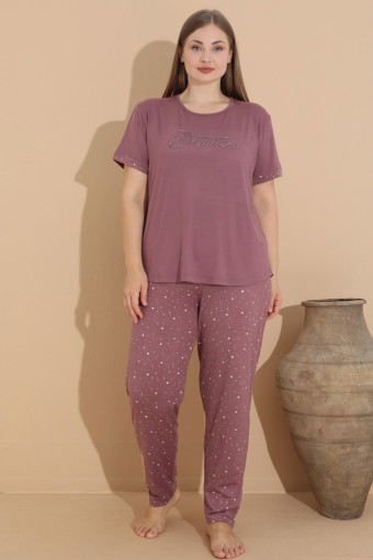 PİJAMONİ - Pijamoni Kadın Pijama Takımı Kısa Kollu Büyük Beden Yıldız Desenli - Gülkurusu