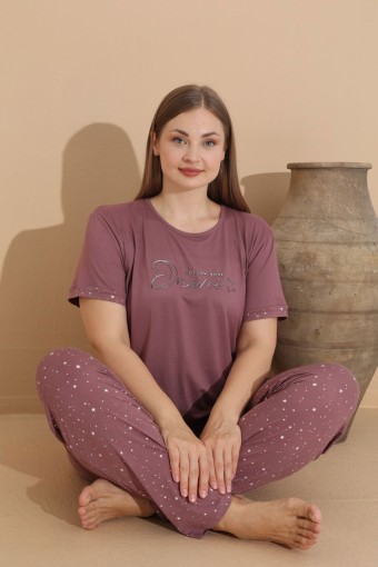 PİJAMONİ - Pijamoni Kadın Pijama Takımı Kısa Kollu Büyük Beden Yıldız Desenli - Gülkurusu (1)