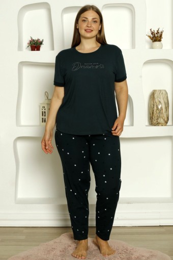 PİJAMONİ - Pijamoni Kadın Pijama Takımı Kısa Kollu Büyük Beden Yıldız Desenli - Zümrüt Yeşili
