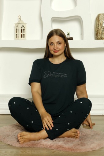 PİJAMONİ - Pijamoni Kadın Pijama Takımı Kısa Kollu Büyük Beden Yıldız Desenli - Zümrüt Yeşili (1)