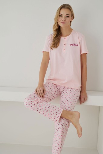 PİJAMONİ - Pijamoni Kadın Pijama Takımı Kısa Kollu Çiçek Desenli Düğmeli Pamuklu - Açık Pembe