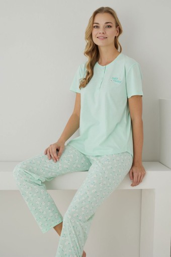 PİJAMONİ - Pijamoni Kadın Pijama Takımı Kısa Kollu Çiçek Desenli Düğmeli Pamuklu - Mint Yeşili
