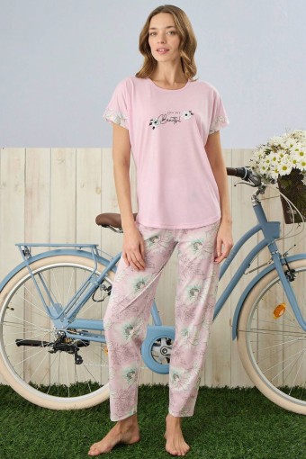 PİJAMONİ - Pijamoni Kadın Pijama Takımı Kısa Kollu Çiçek Desenli Viskon Kumaş - Pembe