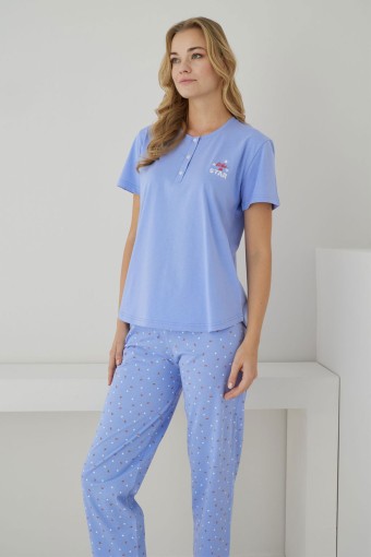 PİJAMONİ - Pijamoni Kadın Pijama Takımı Kısa Kollu Desenli Düğmeli Pamuklu - Lila