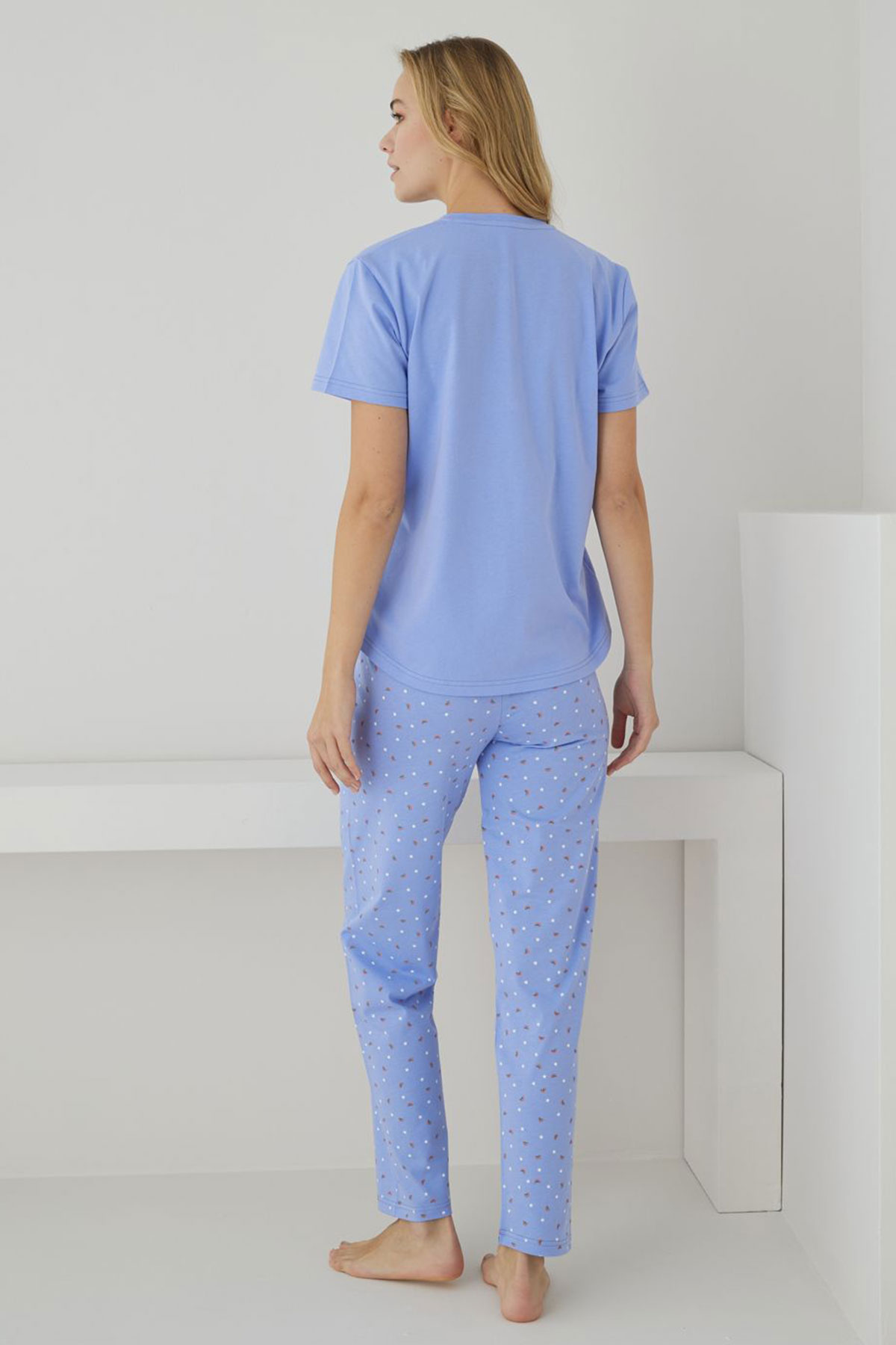 Pijamoni Kadın Pijama Takımı Kısa Kollu Desenli Düğmeli Pamuklu - Lila - Thumbnail