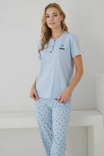 PİJAMONİ - Pijamoni Kadın Pijama Takımı Kısa Kollu Desenli Düğmeli Pamuklu - Mavi
