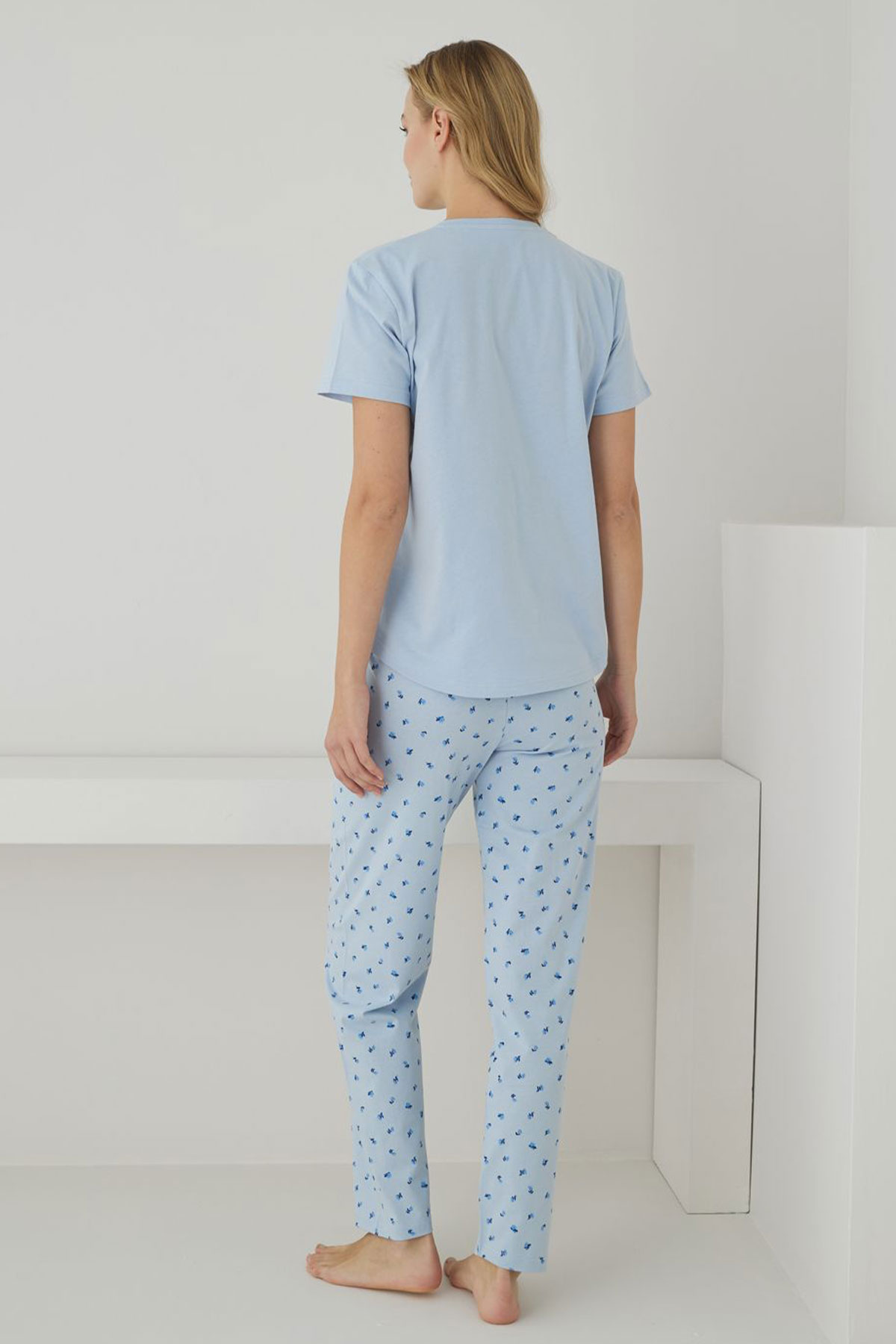 Pijamoni Kadın Pijama Takımı Kısa Kollu Desenli Düğmeli Pamuklu - Mavi - Thumbnail