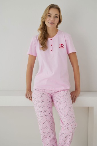 PİJAMONİ - Pijamoni Kadın Pijama Takımı Kısa Kollu Desenli Düğmeli Pamuklu - Pembe