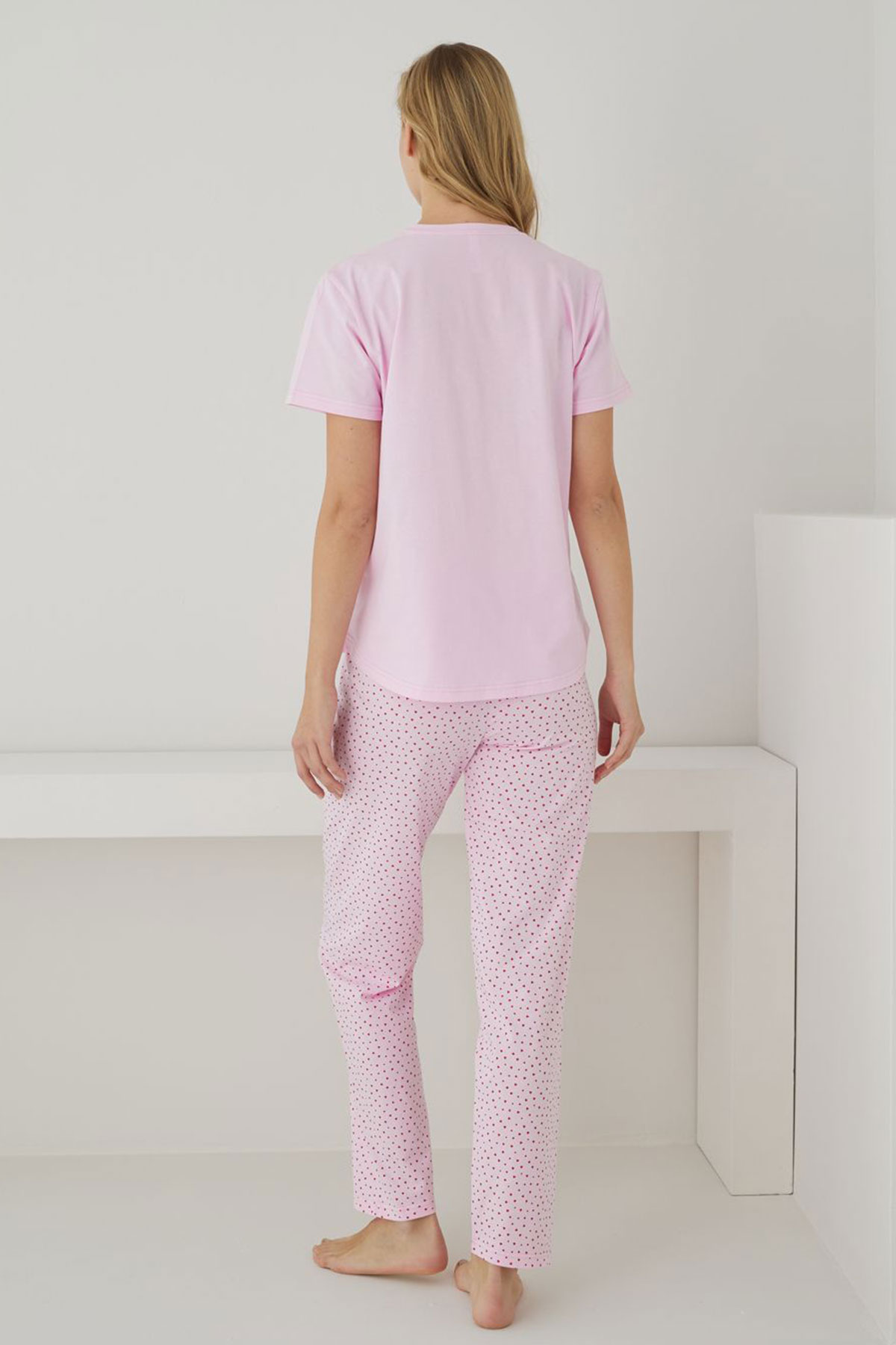 Pijamoni Kadın Pijama Takımı Kısa Kollu Desenli Düğmeli Pamuklu - Pembe - Thumbnail