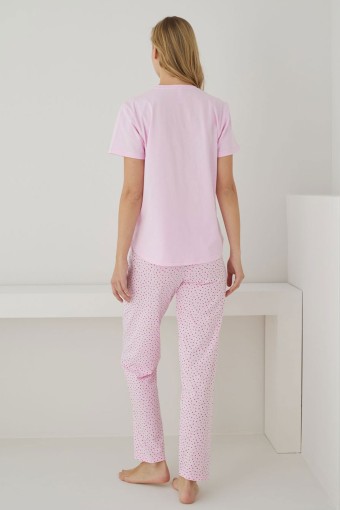 PİJAMONİ - Pijamoni Kadın Pijama Takımı Kısa Kollu Desenli Düğmeli Pamuklu - Pembe (1)