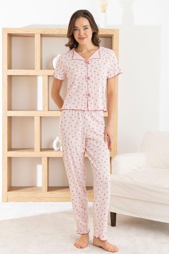 PİJAMONİ - Pijamoni Kadın Pijama Takımı Kısa Kollu Fiyonklu Yaka Çiçek Desenli Transferli Ribana - Pembe