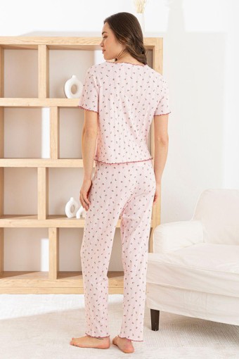 PİJAMONİ - Pijamoni Kadın Pijama Takımı Kısa Kollu Fiyonklu Yaka Çiçek Desenli Transferli Ribana - Pembe (1)