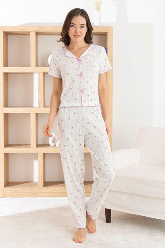 PİJAMONİ - Pijamoni Kadın Pijama Takımı Kısa Kollu Fiyonklu Yaka Desenli Transferli Ribana - Beyaz
