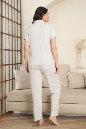 PİJAMONİ - Pijamoni Kadın Pijama Takımı Kısa Kollu Gömlek Yaka Biyeli Cepli Dublin - Gri (1)