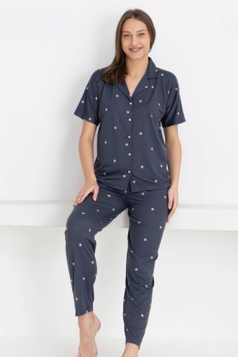 PİJAMONİ - Pijamoni Kadın Pijama Takımı Kısa Kollu Gömlek Yaka Desenli Milan Kumaş - Lacivert