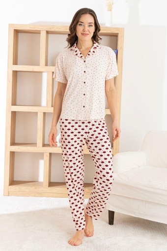 PİJAMONİ - Pijamoni Kadın Pijama Takımı Kısa Kollu Gömlek Yaka Dudak Desenli Oslo Kumaş - Ekru