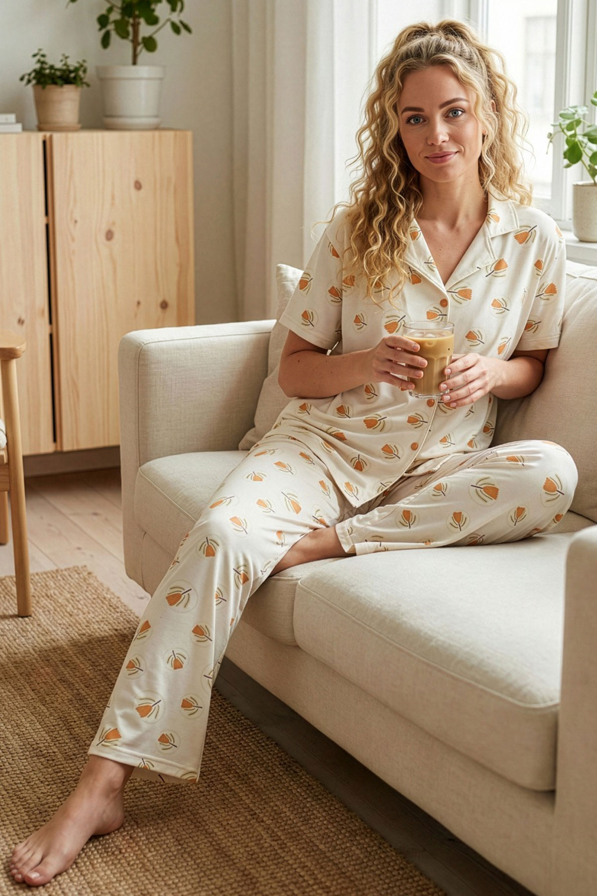 Pijamoni Kadın Pijama Takımı Kısa Kollu Gömlek Yaka Milan Çiçek Desenli - Ekru - Thumbnail