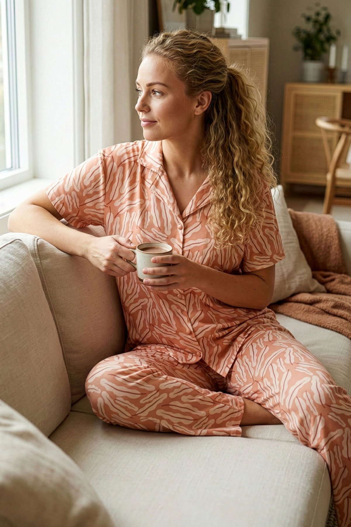 Pijamoni Kadın Pijama Takımı Kısa Kollu Gömlek Yaka Milan Desenli - Somon - Thumbnail