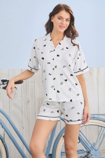 PİJAMONİ - Pijamoni Kadın Pijama Takımı Kısa Kollu Gömlek Yaka Milan Kumaş Kalp Baskılı - Beyaz