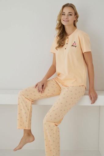 PİJAMONİ - Pijamoni Kadın Pijama Takımı Kısa Kollu Kiraz Desenli Düğmeli Pamuklu - Kayısı