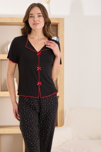 PİJAMONİ - Pijamoni Kadın Pijama Takımı Kısa Kollu V Yaka Fiyonklu Ring Viskon Desenli - Siyah (1)