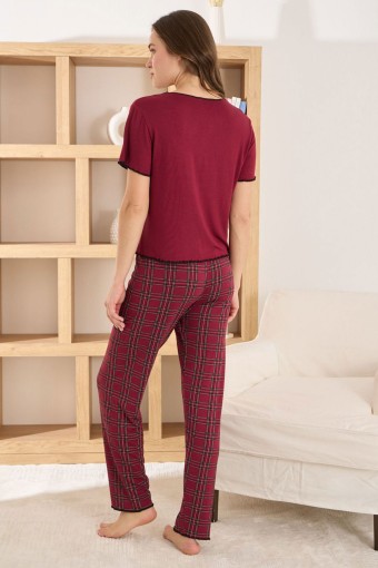 PİJAMONİ - Pijamoni Kadın Pijama Takımı Kısa Kollu V Yaka Fiyonklu Ring Viskon Ekose Desenli - Bordo (1)