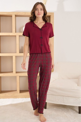PİJAMONİ - Pijamoni Kadın Pijama Takımı Kısa Kollu V Yaka Fiyonklu Ring Viskon Ekose Desenli - Bordo