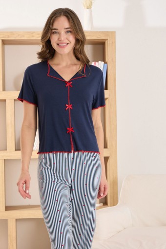 PİJAMONİ - Pijamoni Kadın Pijama Takımı Kısa Kollu V Yaka Fiyonklu Ring Viskon Kalp Desenli - Lacivert (1)