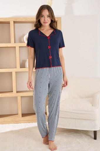 PİJAMONİ - Pijamoni Kadın Pijama Takımı Kısa Kollu V Yaka Fiyonklu Ring Viskon Kalp Desenli - Lacivert