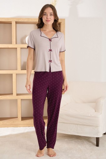 PİJAMONİ - Pijamoni Kadın Pijama Takımı Kısa Kollu V Yaka Fiyonklu Ring Viskon Nokta Desenli - Lila